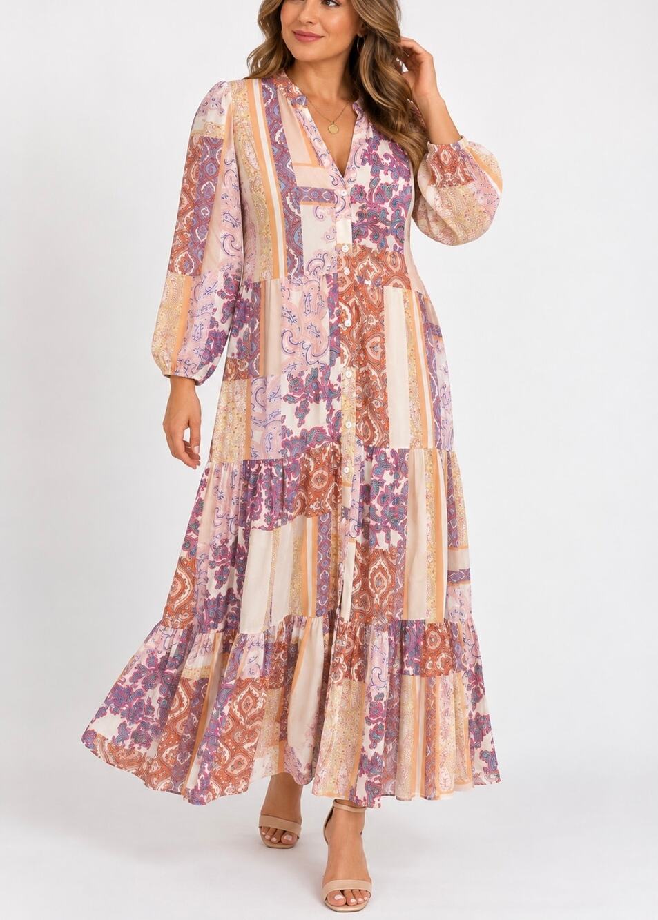 Melanie Lyne Maxi Dress Size 14 Paisley Patchwork Boho Tiered Rayon Long Sleeve